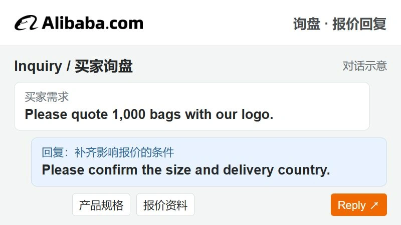 Alibaba.com采购询盘与英文报价回复界面示意,确认尺寸及目的地