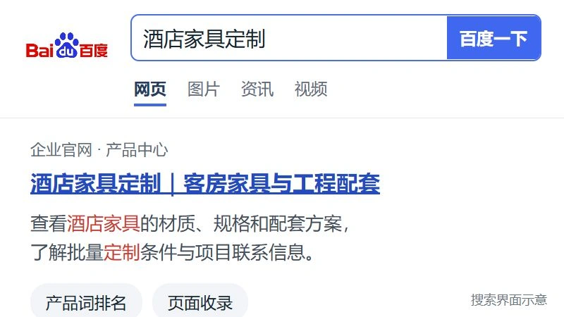 百度搜索界面:酒店家具定制搜索词与产品页面结果示意
