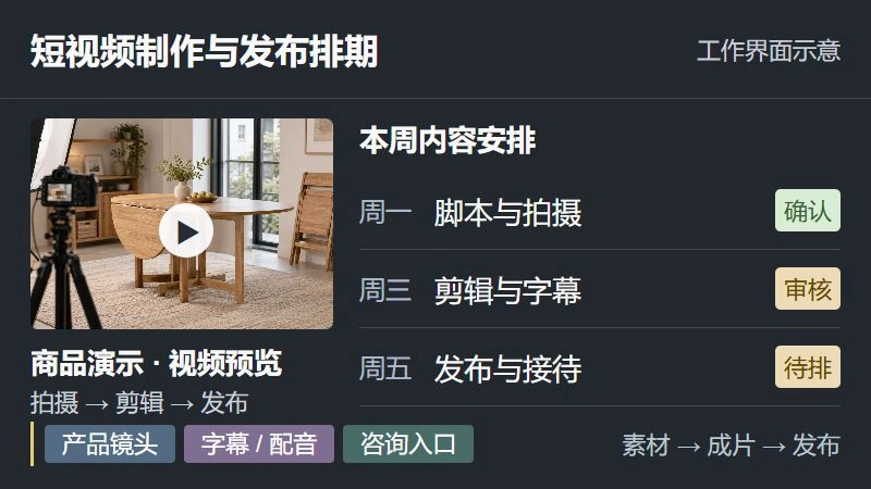 短视频运营工作界面示意,展示视频预览、剪辑轨道及本周发布排期