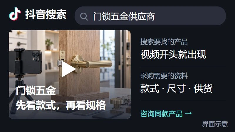 抖音搜索门锁五金供应商与对应产品视频的界面示意