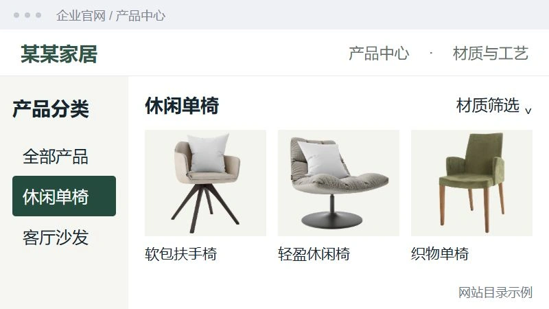 企业网站产品目录界面,展示分类导航、材质筛选与产品列表