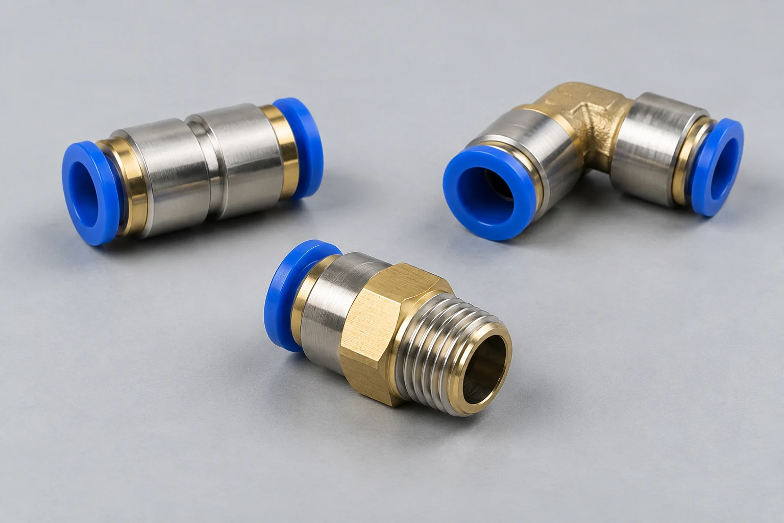 Pneumatic push-in fittings and threaded connectors